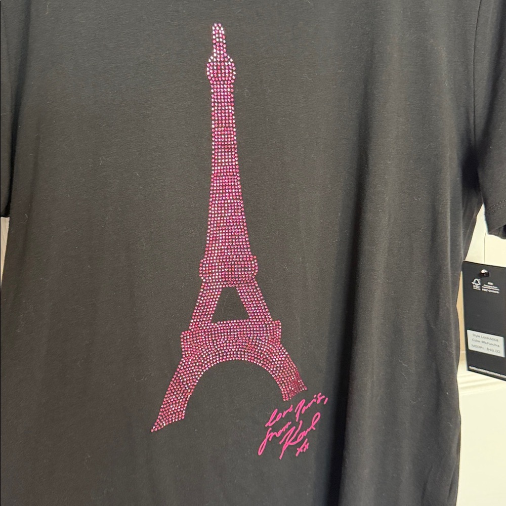 NWT Karl Lagerfeld versatile black Tee with Pink sequenced Eiffel Tower - Picture 9 of 11